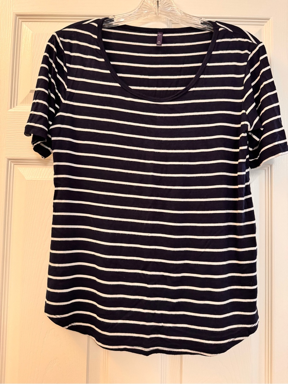 NYDJ short sleeve tee shirt. Navy blue with white stripes.  SIZE MEDIUM.